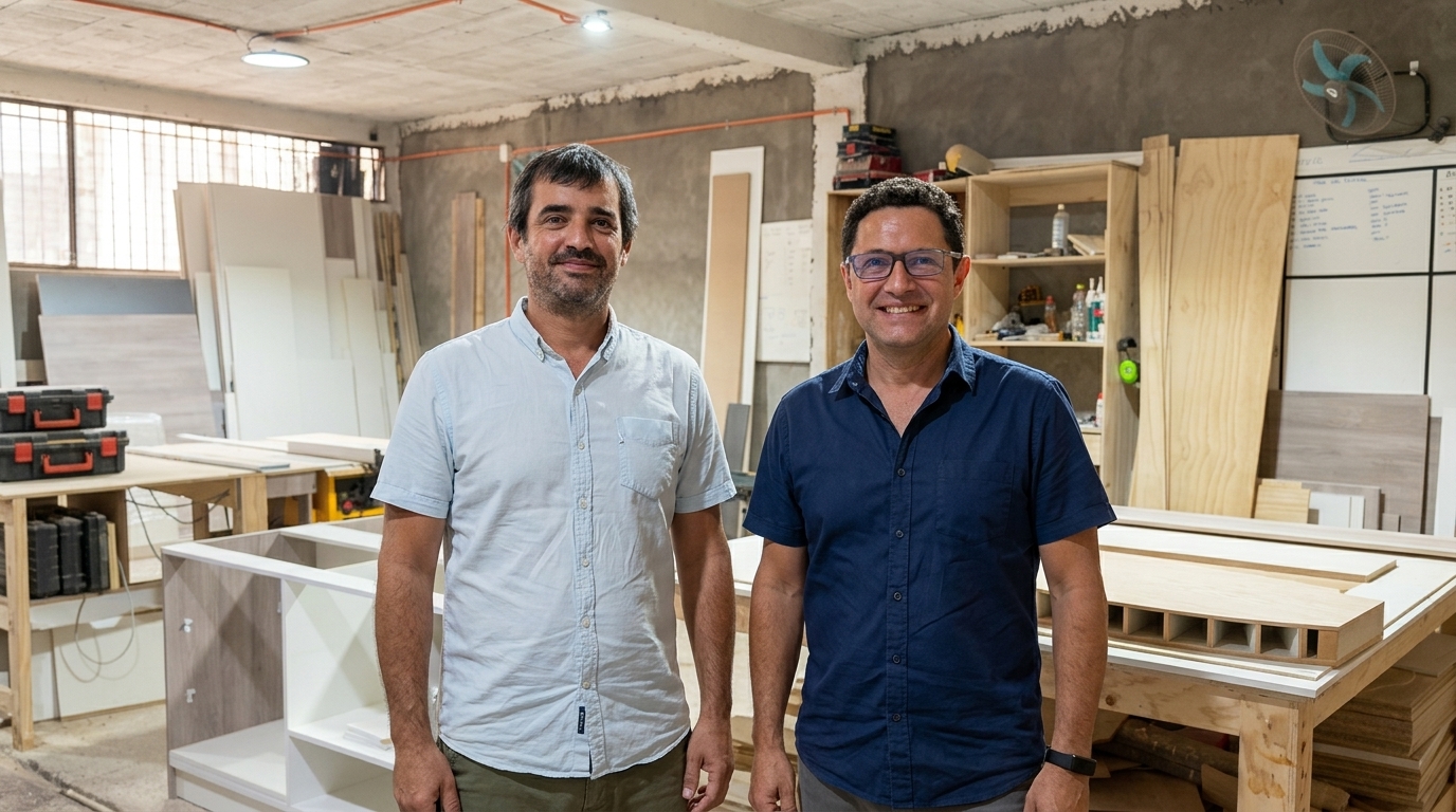 Tomás Zwanzger y Mauricio Urrutiaguer fundadores de DCajón Muebles a Medida en taller Quinta Normal
